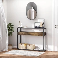 HOMCOM Masa Consola pentru Intrare in Stil Industrial, Blat din Sticla, Cadru  din Otel si Lemn, Masuta pentru Living si Sufragerie, Maro Rustic(m-2)