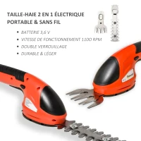 Outsunny Taille haie - mini taille haie portable avec batterie rechargeable - clé de sécurité, 2 lames - vitesse à vide 1100 tr/min - acier ABS rouge noir(m-4)