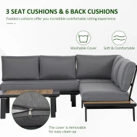 Outsunny 4 Pieces Aluminium Garden Furniture Sets with Thick Padded Cushion, 5 Seater Outdoor L Shape Corner Sofa Conversation Set, w/ Coffee Table and Sofa Side Table for Patio, Deck, Dark Grey(m-6)