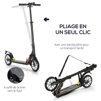 HOMCOM Trottinette pliable adulte 14+ guidon réglable en hauteur avec double système d'absorption de choc béquille frein à friction 2 grandes roues - noir(m-5)