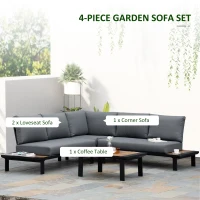 Outsunny 4 Pieces Aluminium Garden Furniture Sets with Thick Padded Cushion, 5 Seater Outdoor L Shape Corner Sofa Conversation Set, w/ Coffee Table and Sofa Side Table for Patio, Deck, Dark Grey(m-4)