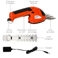Outsunny Taille haie - mini taille haie portable avec batterie rechargeable - clé de sécurité, 2 lames - vitesse à vide 1100 tr/min - acier ABS rouge noir(m-6)