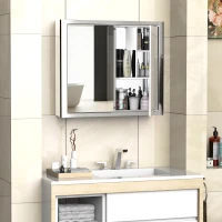 kleankin 7 Compartment Mirrored Bathroom Storage Cabinet On-Wall Steel Frame w/ 2 Doors Double Reflection Shelves Home Vanity Silver Tone(m-14)