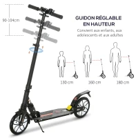 HOMCOM Trottinette pliable adulte 14+ guidon réglable en hauteur avec double système d'absorption de choc béquille frein à friction 2 grandes roues - noir(m-4)