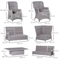 Outsunny 9-Seater PE Rattan Dining Set, Patio Wicker Sofa Sets w/ Height-adjustable Tempered Glass-Top Dining Table, 120° Adjustable Recliner & Armchairs, Mixed Grey(m-3)