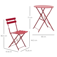 Outsunny Salon de Jardin Bistro Pliable - Table Ronde Ø 60 cm avec 2 chaises Pliantes - Acier thermolaqué Rouge(m-3)