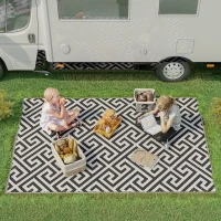 Outsunny 152 x 243 cm(5x 8ft) Outdoor Rug Reversible Mat Plastic Straw Rug Portable RV Camping Mat for Garden Deck Picnic Indoor, Black & White(m-10)