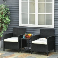 Outsunny 2-Seater PE Rattan Side Table & Armchair Bistro Set Jack and Jill Seat w/ Pillows Black(m-2)