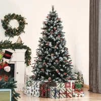HOMCOM 6FT Artificial Snow Dipped Christmas Tree Xmas Pencil Tree Holiday Home Party Decoration with Foldable Feet Red Berries White Pinecones, Green(m-2)