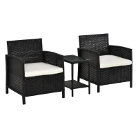 Outsunny 2-Seater PE Rattan Side Table & Armchair Bistro Set Jack and Jill Seat w/ Pillows Black(m-1)