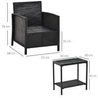 Outsunny 2-Seater PE Rattan Side Table & Armchair Bistro Set Jack and Jill Seat w/ Pillows Black(m-3)