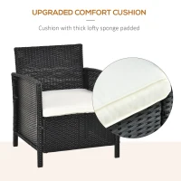 Outsunny 2-Seater PE Rattan Side Table & Armchair Bistro Set Jack and Jill Seat w/ Pillows Black(m-6)