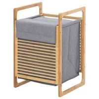 Kosz na bieliznę HOMCOM pojemnik na pranie kosz na brudną bieliznę z pokrywą worek płócienny bambus poliester przypominający len naturalny+szary 40 x 35 x 60,5 cm(m-11)