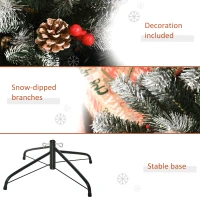 HOMCOM 6FT Artificial Snow Dipped Christmas Tree Xmas Pencil Tree Holiday Home Party Decoration with Foldable Feet Red Berries White Pinecones, Green(m-7)