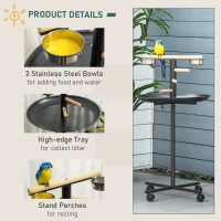 PawHut Metal Bird Table Play Stand, Bird Feeder Station Parrot Perch with Four Wheels Feeding Bowls Round Tray(m-5)