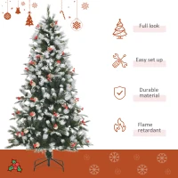HOMCOM 6FT Artificial Snow Dipped Christmas Tree Xmas Pencil Tree Holiday Home Party Decoration with Foldable Feet Red Berries White Pinecones, Green(m-4)