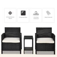 Outsunny 2-Seater PE Rattan Side Table & Armchair Bistro Set Jack and Jill Seat w/ Pillows Black(m-4)