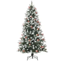 HOMCOM 6FT Artificial Snow Dipped Christmas Tree Xmas Pencil Tree Holiday Home Party Decoration with Foldable Feet Red Berries White Pinecones, Green(m-1)