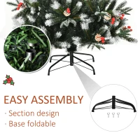 HOMCOM 6FT Artificial Snow Dipped Christmas Tree Xmas Pencil Tree Holiday Home Party Decoration with Foldable Feet Red Berries White Pinecones, Green(m-6)