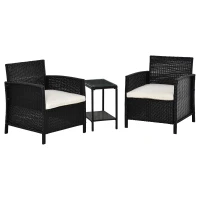 Outsunny 2-Seater PE Rattan Side Table & Armchair Bistro Set Jack and Jill Seat w/ Pillows Black(m-11)