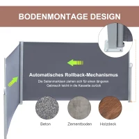 Outsunny Markiza boczna dwustronna, zasłona i ochrona przed słońcem, roleta boczna, poliester, szara 6 x 1,6 m(m-5)