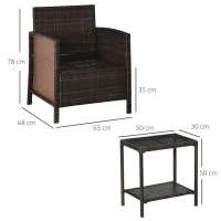 Outsunny 2-Seater Garden Outdoor Rattan Furniture Patio Bistro Set Wicker Weave Conservatory with Cushion Pillow - Brown(m-3)