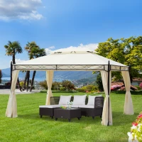 Outsunny Pérgola de Jardim 4x3m Pérgola com Teto Duplo Respirável com 4 Cortinas Laterais Removíveis Estrutura de Aço para Festas Casamentos Eventos Creme(m-7)