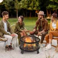 Outsunny Feuerschale Feuerkorb mit Funkenschutz 60 cm Feuerstelle für Garten rund Schwarz(m-2)