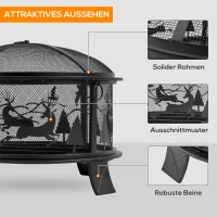 Outsunny Feuerschale Feuerkorb mit Funkenschutz 60 cm Feuerstelle für Garten rund Schwarz(m-6)