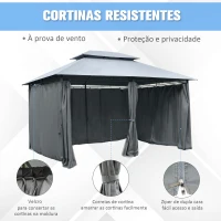 Outsunny Pérgola de Jardim com Estrutura de Aço Teto Duplo 6 Cortinas Laterais 8 Orifícios de Drenagem 300x400x280 cm Cinza(m-6)