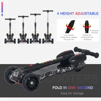 HOMCOM Kids 3 Wheel Plastic Scooter Adjustable Height w/ Engine-Look Water Spray Black(m-4)