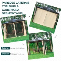 Outsunny Pérgola de Jardim 3x3m com Pára-ventos e Rede mosquiteira Alumínio, Policarbonato e Poliéster Café e Creme(m-5)