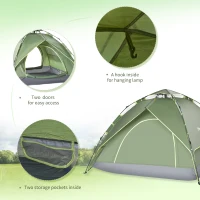 Outsunny 3 Man Camping Tent Automatic Pop Up Tent Portable Double Layer for Festival Hiking Family Travel Shelter(m-7)