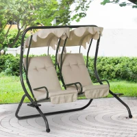 Outsunny Garden Swing Chair Outdoor 2 Seater Canopy Swing Swinging Hammock Bench Patio Cushioned Seat With Tray Beige(m-10)