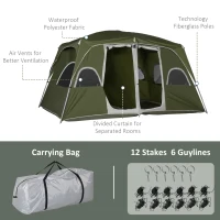 Outsunny Camping Tent, Family Tent 4-8 Person 2 Room, with Large Mesh Windows, Easy Set Up for Backpacking Hiking Outdoor, Green(m-8)