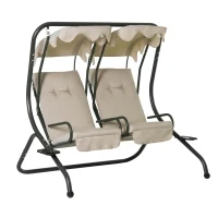 Outsunny Garden Swing Chair Outdoor 2 Seater Canopy Swing Swinging Hammock Bench Patio Cushioned Seat With Tray Beige(m-1)