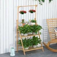 Outsunny Drewniany kwietnik schodkowy Stojak na rośliny Kwietnik drabinka regulowana wysokość zawieszenia Stojak na kwiaty wiszący bambus naturalny do wnętrz na zewnątrz 70 x 40 x 143 cm(m-2)