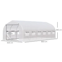 Outsunny Estufa Tipo Túnel 6x3x2m Estufa de Jardim com Porta e 12 Janelas Enroláveis de Polietileno e Aço Galvanizado para Cultivos de Plantas Flores Branco(m-3)