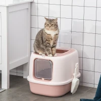 PawHut Caja de Arena para Gatos Arenero Cerrado para Gatos con Entrada Delantera Salida Superior Bandeja Extraíble y Pala 40x53,5x37,5 cm Rosa(m-2)