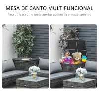 Outsunny Conjunto de 4 Móveis de vime para Jardim com 2 Sofás Duplos Mesa central mesa de baú e almofadas removíveis 132x69x64 cm Cinza(m-4)