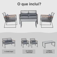 Outsunny Conjunto de móveis de jardim de 4 peças vime com 1 mesa de centro 1 sofá duplo e 2 cadeiras Almofadas acolchoadas para pátio terraço Cinza(m-7)