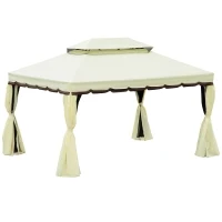Outsunny Pérgola de Jardim 4x3m Pérgola de Alumínio com  Teto com Ventilação 4 Cortinas Laterais 4 Telas Mosquiteiras e 8 Orifícios de Drenagem para festas Eventos Exterior Creme(m-10)