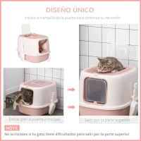 PawHut Caja de Arena para Gatos Arenero Cerrado para Gatos con Entrada Delantera Salida Superior Bandeja Extraíble y Pala 40x53,5x37,5 cm Rosa(m-6)