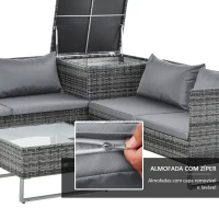 Outsunny Conjunto de 4 Móveis de vime para Jardim com 2 Sofás Duplos Mesa central mesa de baú e almofadas removíveis 132x69x64 cm Cinza(m-6)