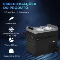 Outsunny Geleira de Compressor Portátil 55L Geleira Elétrica de Carro CC 12V/24V Temperatura até -20℃ com Tela Tátil Alça Retrátil e Rodas 71,1x46x57,1cm Preto(m-4)