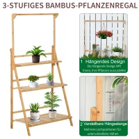 Outsunny Drewniany kwietnik schodkowy Stojak na rośliny Kwietnik drabinka regulowana wysokość zawieszenia Stojak na kwiaty wiszący bambus naturalny do wnętrz na zewnątrz 70 x 40 x 143 cm(m-6)