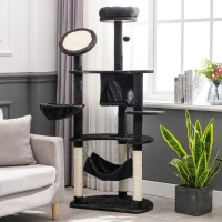 PawHut Árvore Arranhador para Gatos Grande Altura 153cm Torre de Escalada para Gatos com Caverna Redes Plataformas Postes Arranhadores de Sisal e Bola Suspensa Cinza Escuro(m-2)