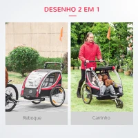 HOMCOM Reboque de Bicicleta para Crianças Min.18 Meses 2 em 1 Carrinho de Passeio de 2 Lugares Segurança 142x75x101 cm Vermelho(m-4)