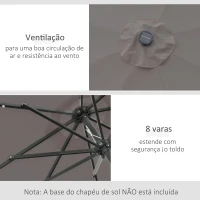 Outsunny Chapéu de Sol com 32 Luzes LED Solares Ø265x233cm Chapéu de Sol Inclinável com Manivela e Mastro de Aço para Terraço Pátio Exterior Cinza(m-4)