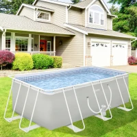 Outsunny Piscina Desmontável Tubular 440x240x122cm Piscina Retangular de Exterior com Purificador 4.000L/H Mangueiras de Comprimento 100cm e Estrutura de Aço 9760L Cinza(m-2)